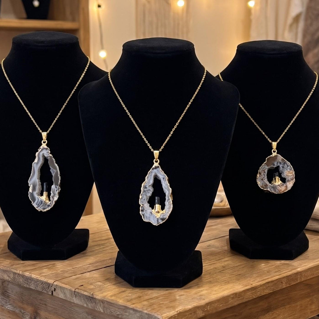 Oco Geode Druzy with Tourmaline Crystal Point Pendant (Gold Dipped)
