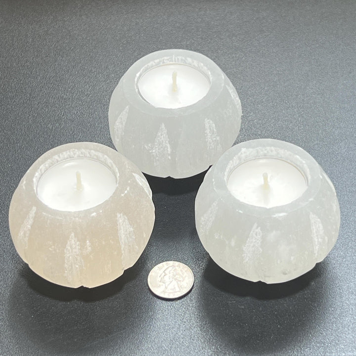 Selenite Satin Spar Crystal Fluted Sphere Tealight Candle Carving