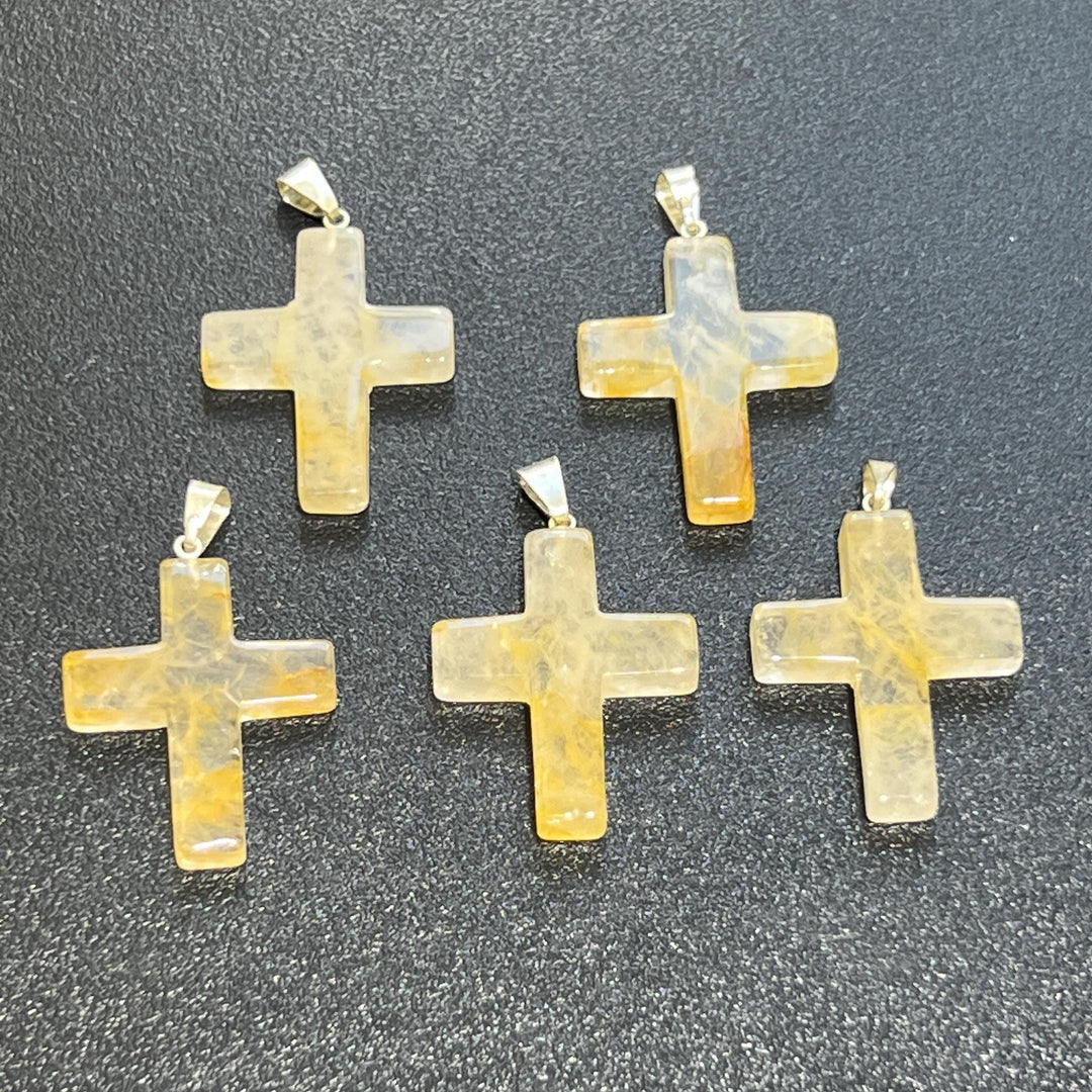 Golden Healer Quartz Crystal Cross Pendant (Silver Bail)