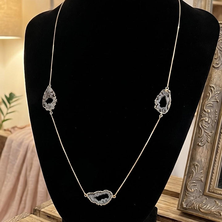 Oco Geode Druzy Crystal Long 35 Inch Necklace with Pendant (Gold Plated Snake Chain)