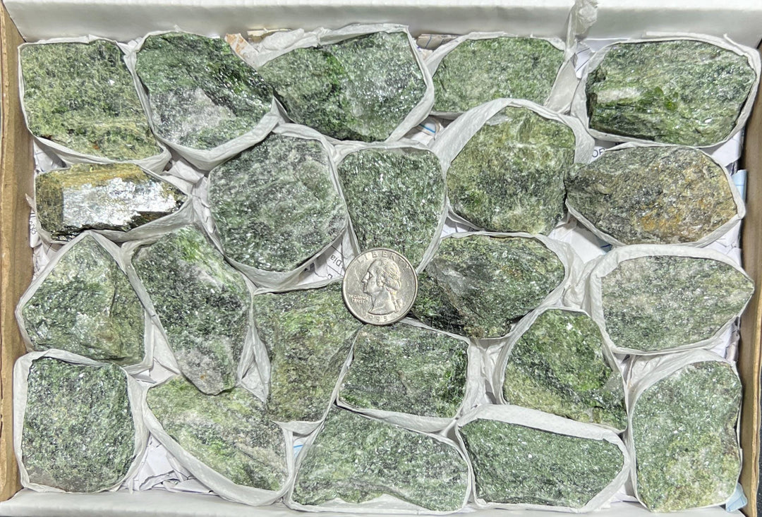 Green Diopside Rough Raw Crystal Stones In Matrix Boxed Flat