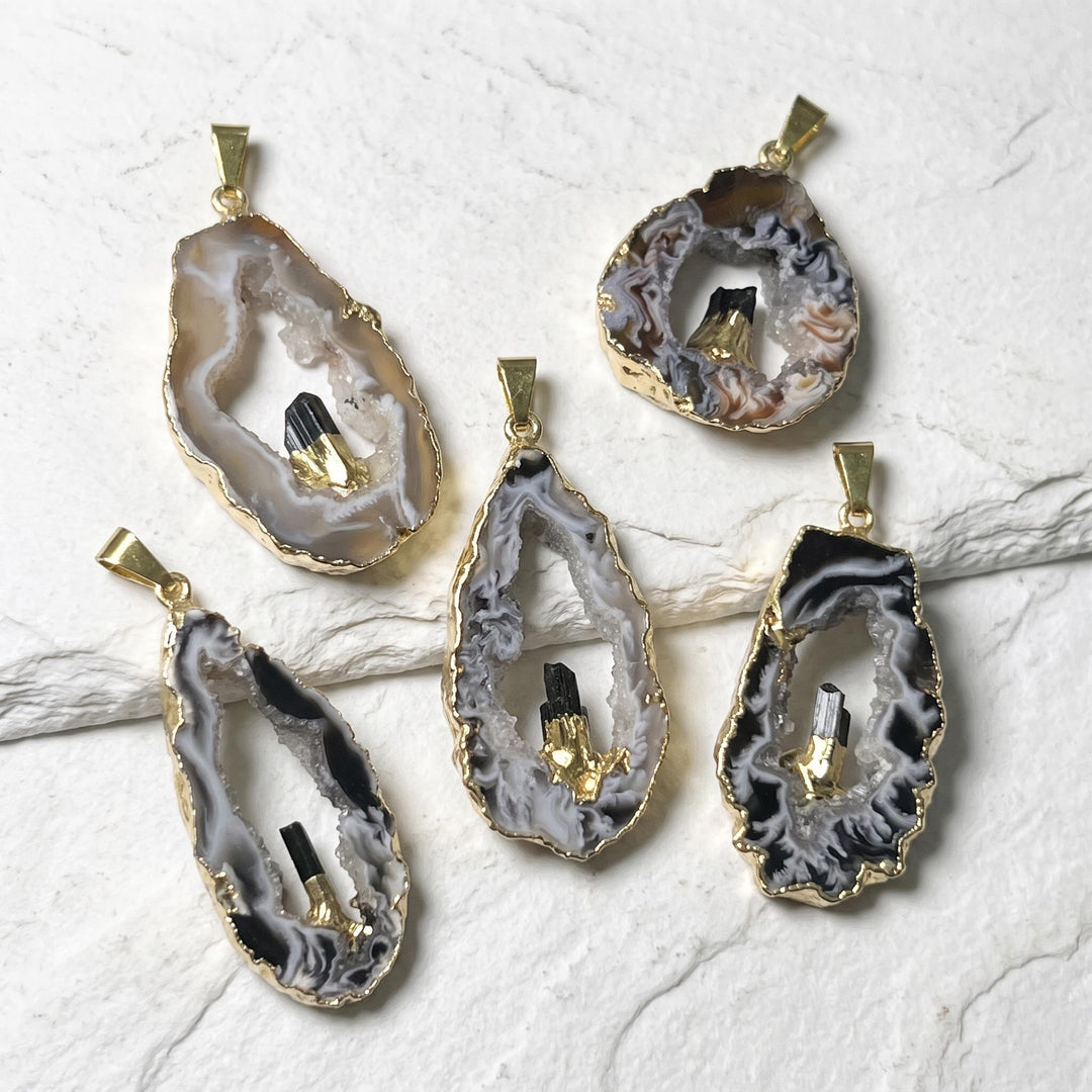 Oco Geode Druzy with Tourmaline Crystal Point Pendant (Gold Dipped)