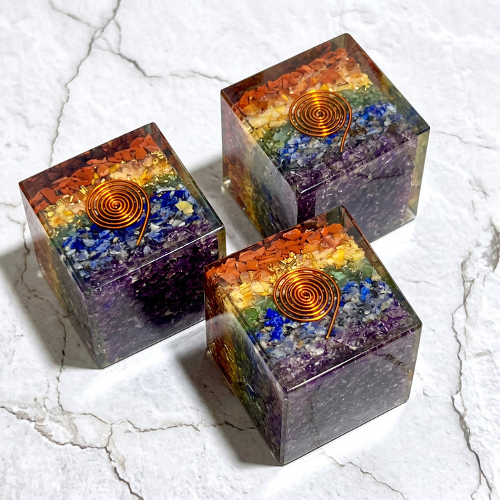 7 Stone Chakra Reiki Balance Crystal Resin Orgone Cube Carving