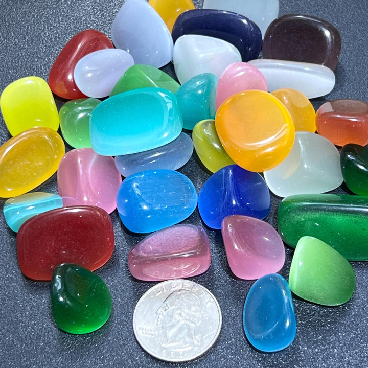 Cats Eye Flashy Colored Glass Tumbled Stones (By The Piece or Pound) Bulk Wholesale Lot Gemstone Decor Supply