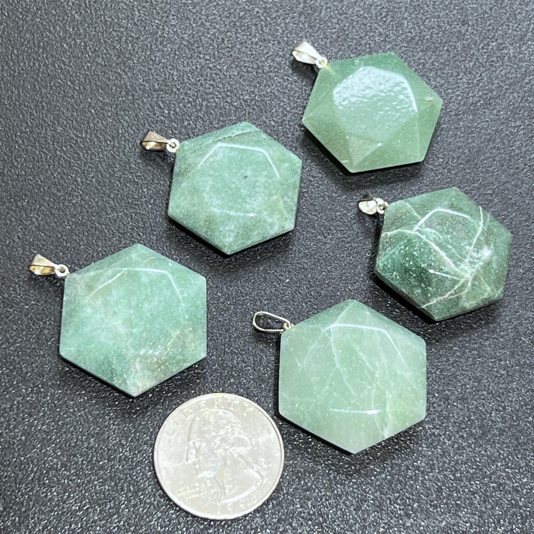 Green Aventurine Hexagon Faceted Crystal Pendant (Silver Bail)