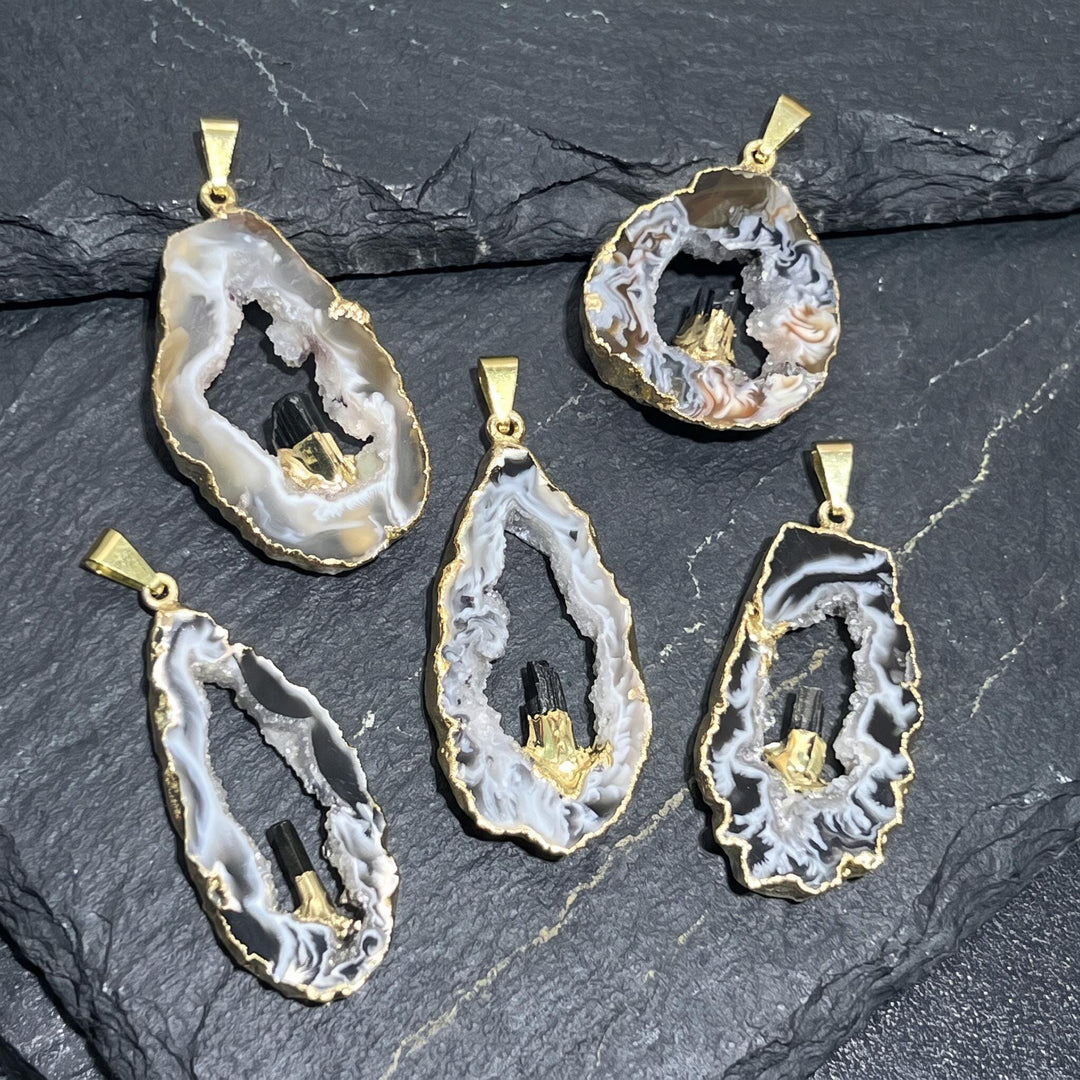 Oco Geode Druzy with Tourmaline Crystal Point Pendant (Gold Dipped)