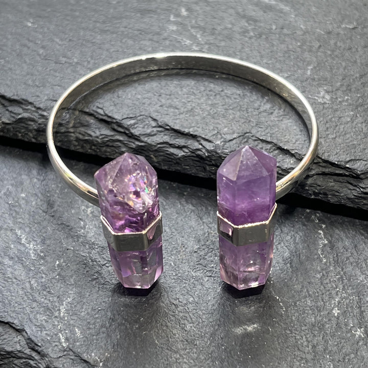 Amethyst Crystal Point Adjustable Cuff Bangle Bracelet (Silver Electroplated)