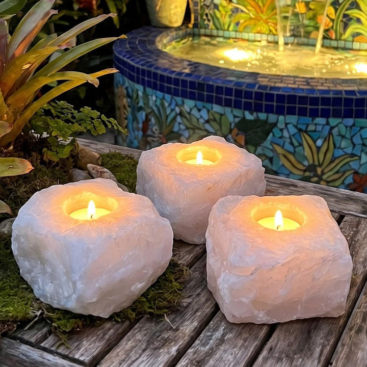 Pink Rose Quartz Crystal Tealight Candle Carving
