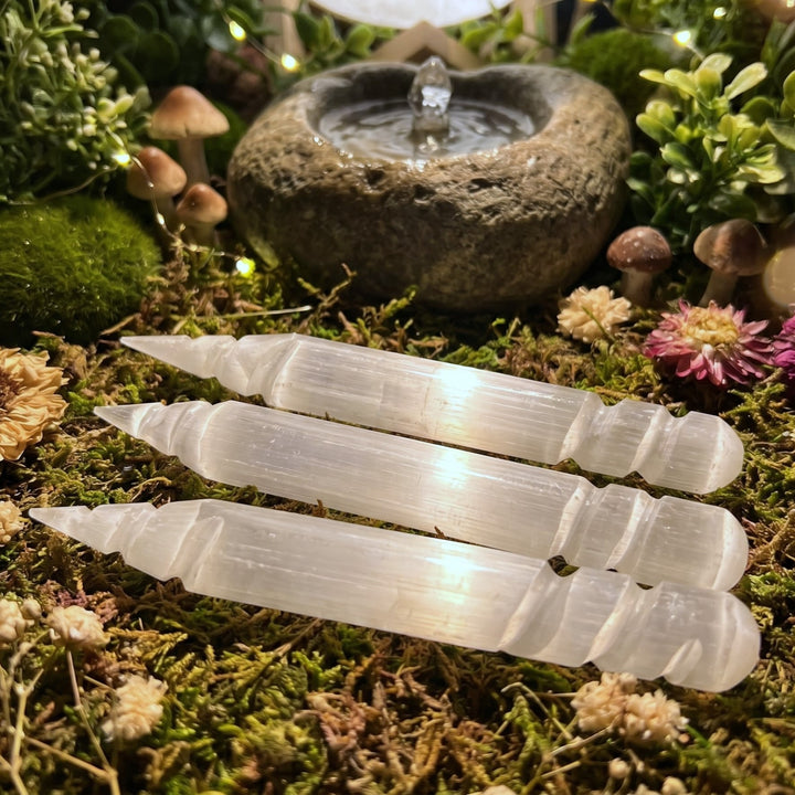 Selenite Satin Spar Crystal Wand Spiral Point Carving (6 Inches)