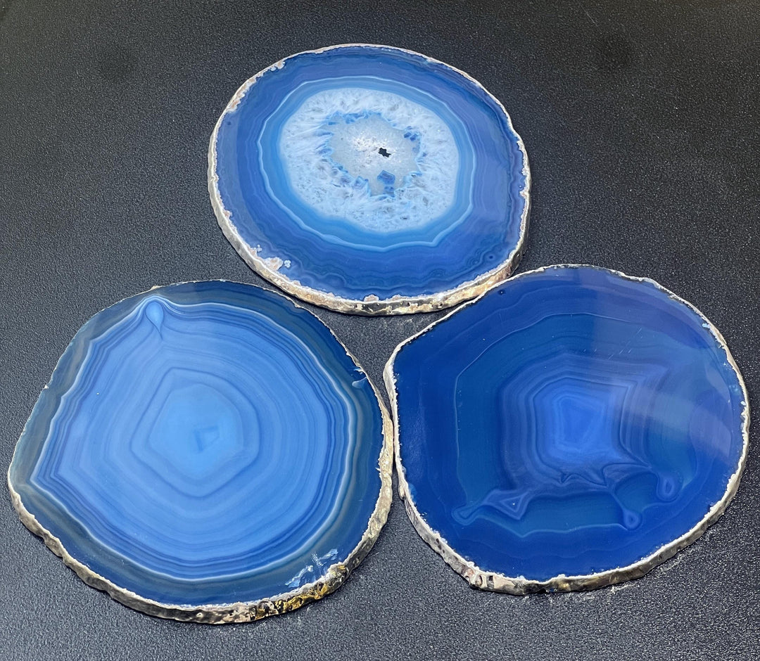Blue Agate Slice Coasters Silver Dipped Plated Edges Place Cards