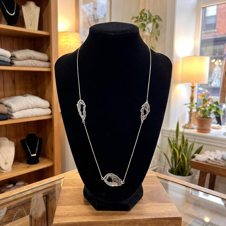 Oco Geode Druzy Crystal Long 35 Inch Necklace with Pendant (Silver Plated Snake Chain)