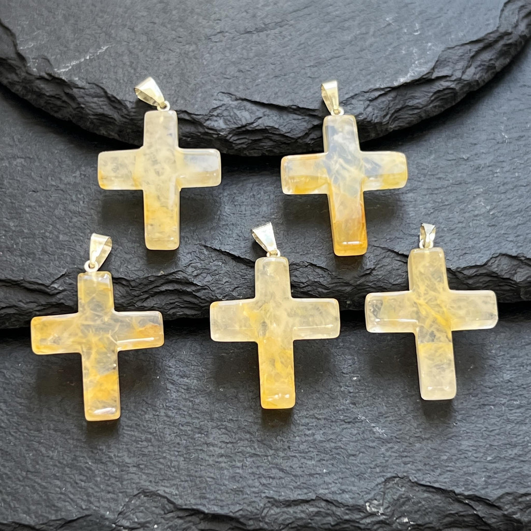 Golden Healer Quartz Crystal Cross Pendant (Silver Bail)