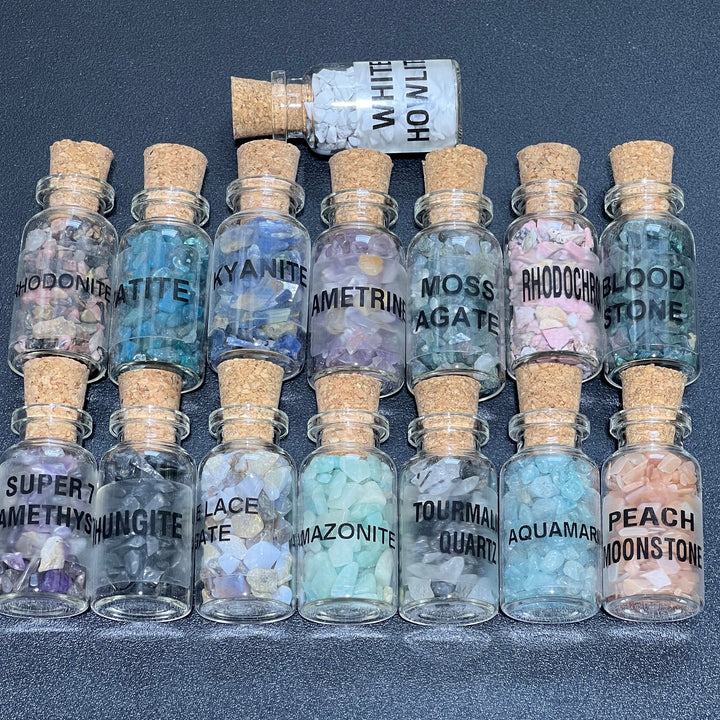 Crystal Gemstone Collection (15 Bottles) Gift Set Assorted Tumbled Rough Labeled Bottles Mixed Minerals Wholesale Flat