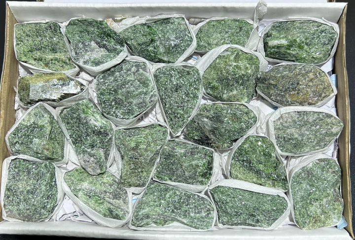 Green Diopside Rough Raw Crystal Stones In Matrix Boxed Flat
