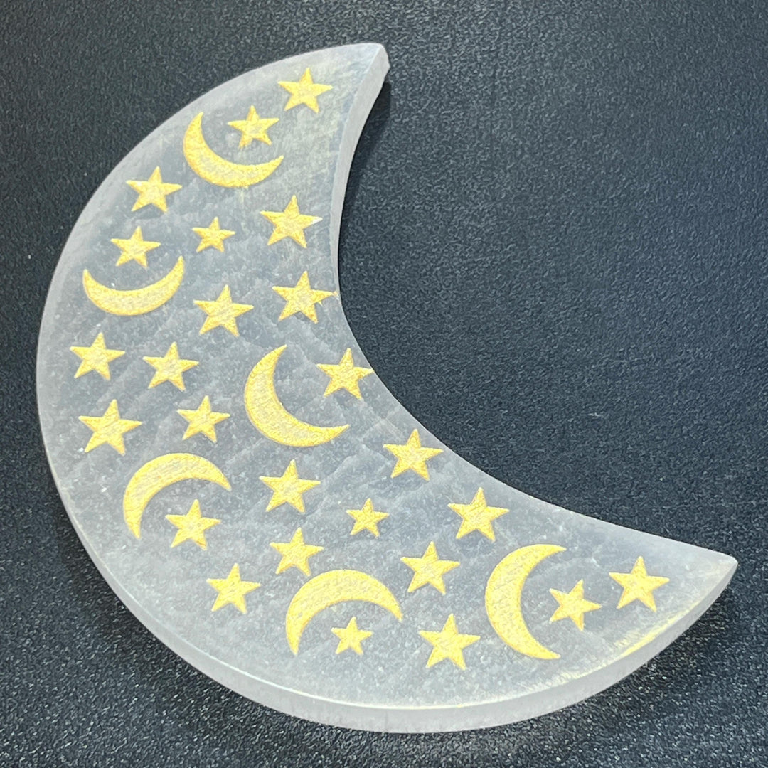 Selenite Satin Spar Crystal Moon Carving (Gold Star Decals)