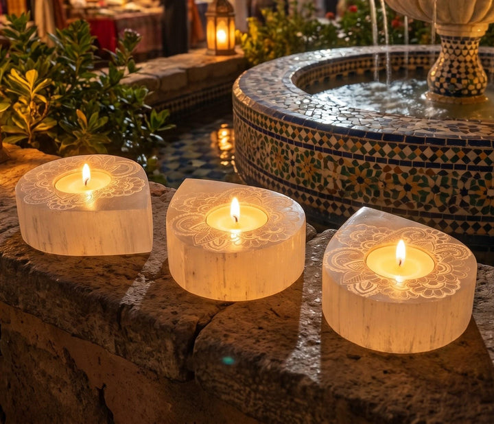 Selenite Satin Spar Crystal Mandala Tealight Candle Carving