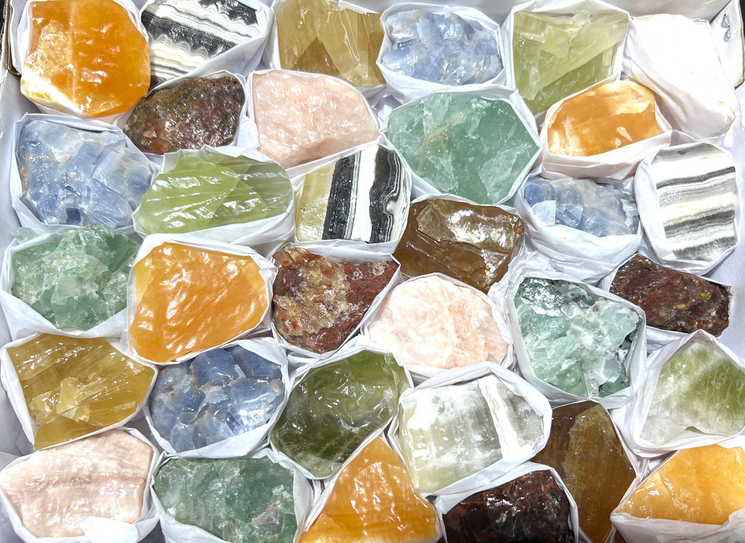 Calcite & Fluorite Mixed Rough Crystals (Avg 6.5 LBs) Large Box Flat Bulk Wholesale Lot Raw Stones Natural Gemstones