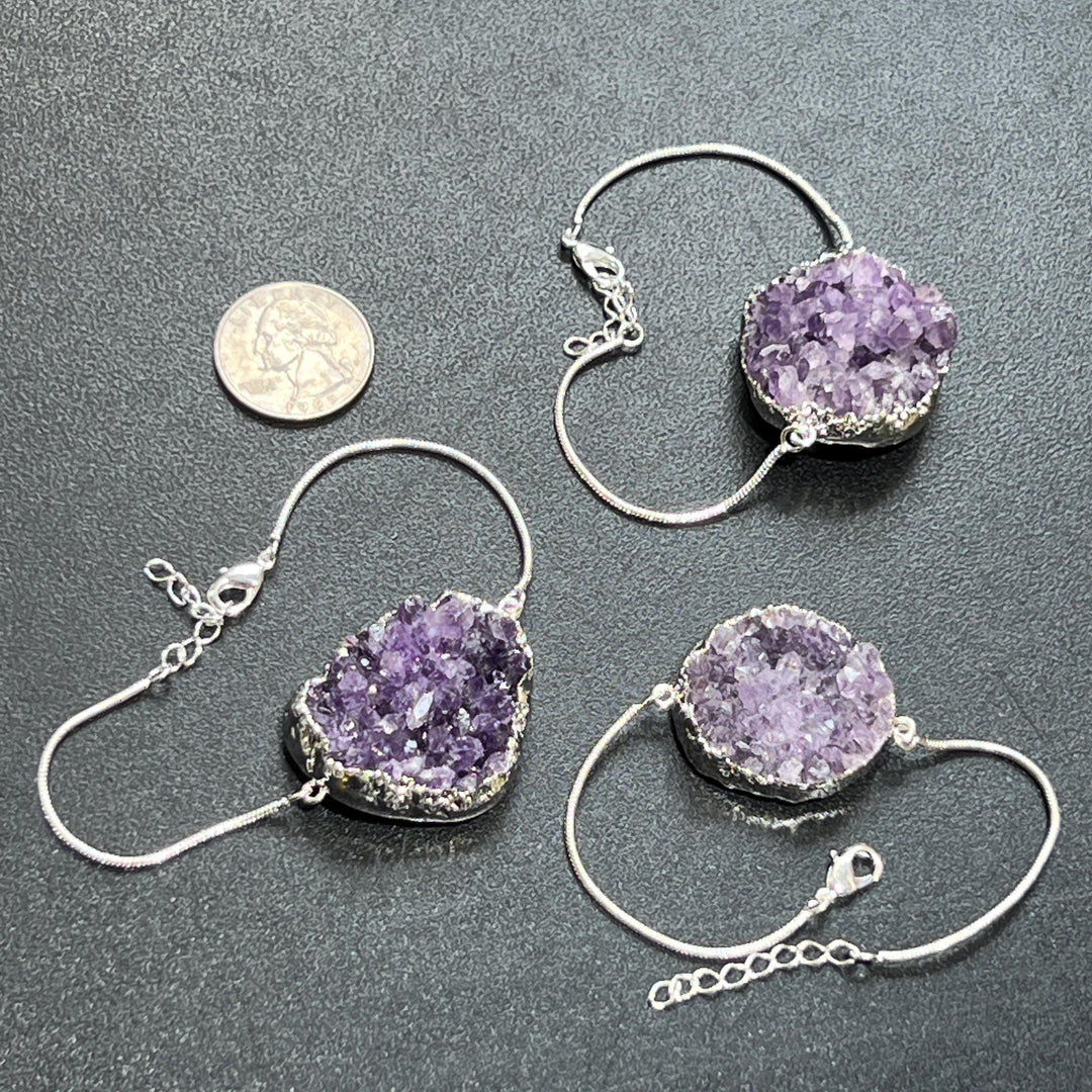 Amethyst Bracelet Crystal Cluster Adjustable Clasp (7-8 inches)(Silver Plated)