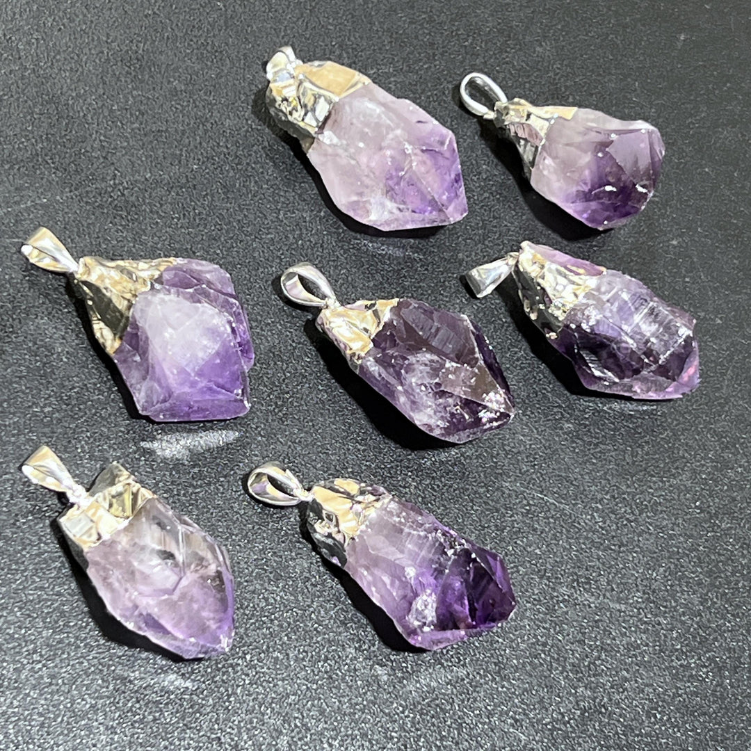Large Raw Amethyst Crystal Point Pendant (Silver Electroplated)