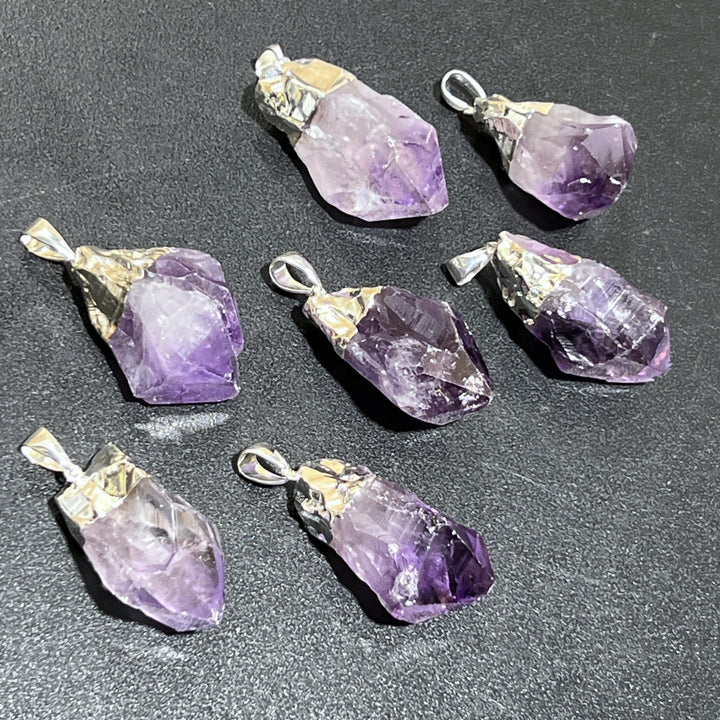 Large Raw Amethyst Crystal Point Pendant (Silver Electroplated)