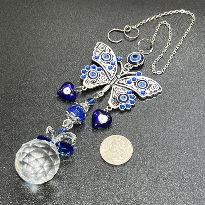 Silver Butterfly Blue Eye Sun catcher Gemstone Crystal Carving