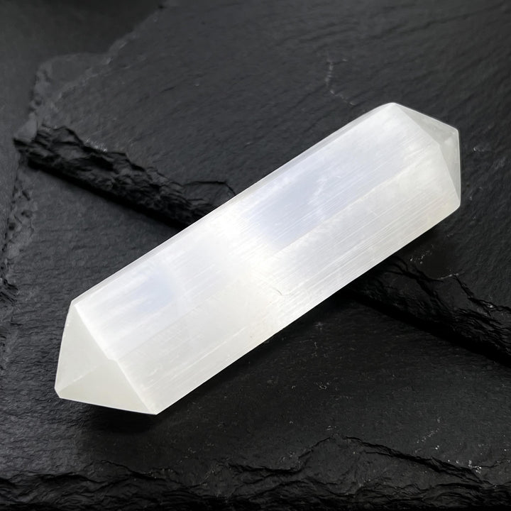 Selenite Satin Spar Crystal Point Hexagon Carving