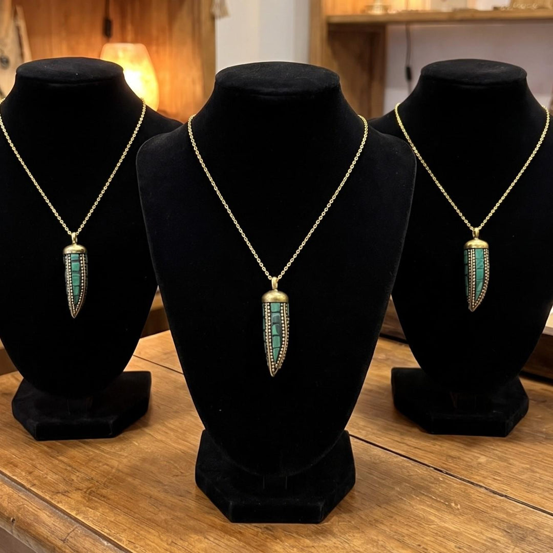 Tibetan Horn Pendant Faux Malachite Brass (Free 30" Chain)