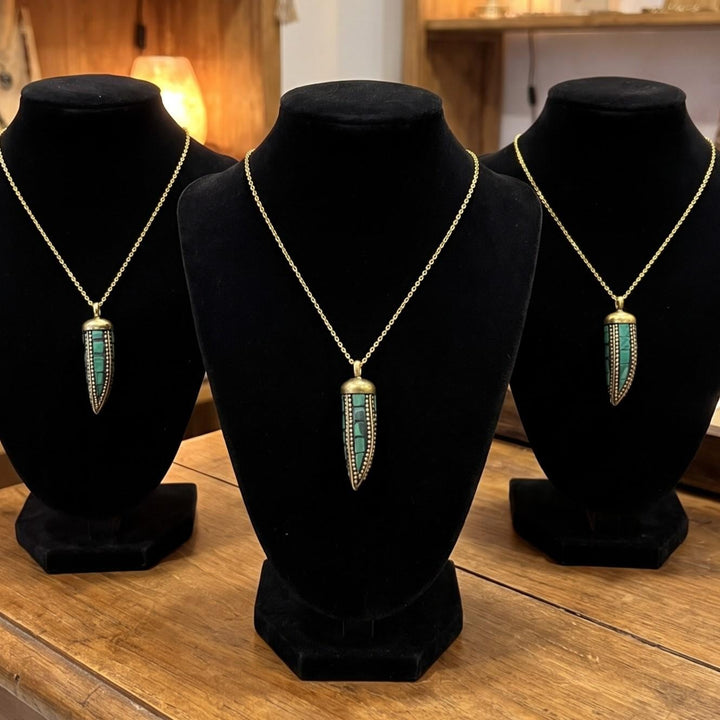 Tibetan Horn Pendant Faux Malachite Brass (Free 30" Chain)