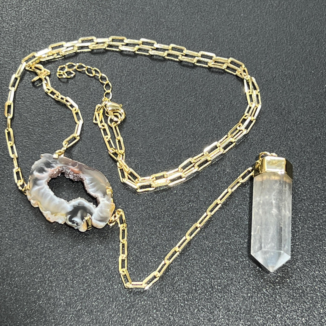 Quartz and Oco Geode Extra Long Lariat Y Drop Necklace Pendant (Gold Plated)