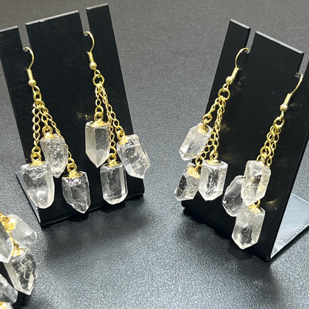 Long Quartz Triple Crystal Earrings Pair (Gold Stainless Hooks)