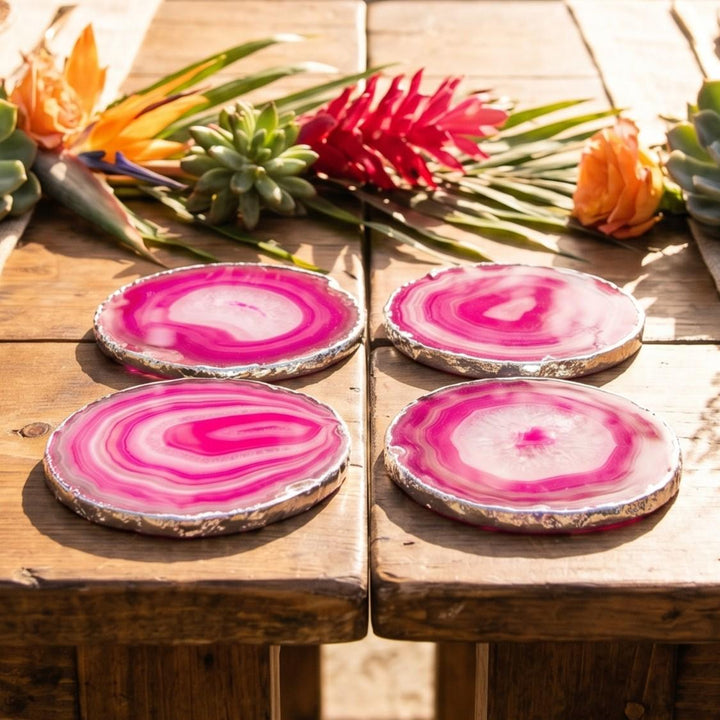 Pink Agate Slice Coasters Silver Dipped Plated (3 to 3.5 Inches)