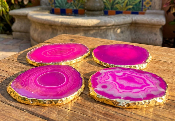 Gold Plated Pink Agate Slices (3 Inches) Coasters Escort Place Cards Painting Blanks