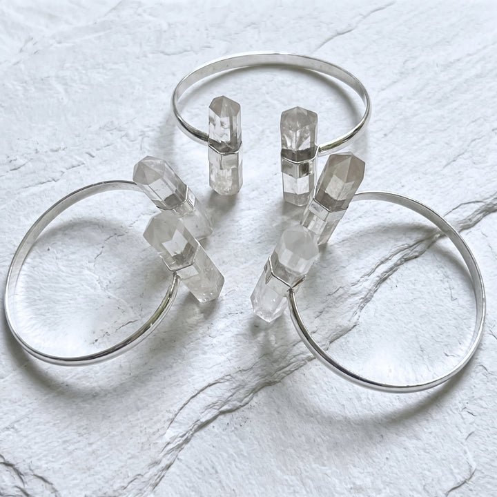 Quartz Crystal Point Adjustable Cuff Bangle Bracelet (Silver Plated)