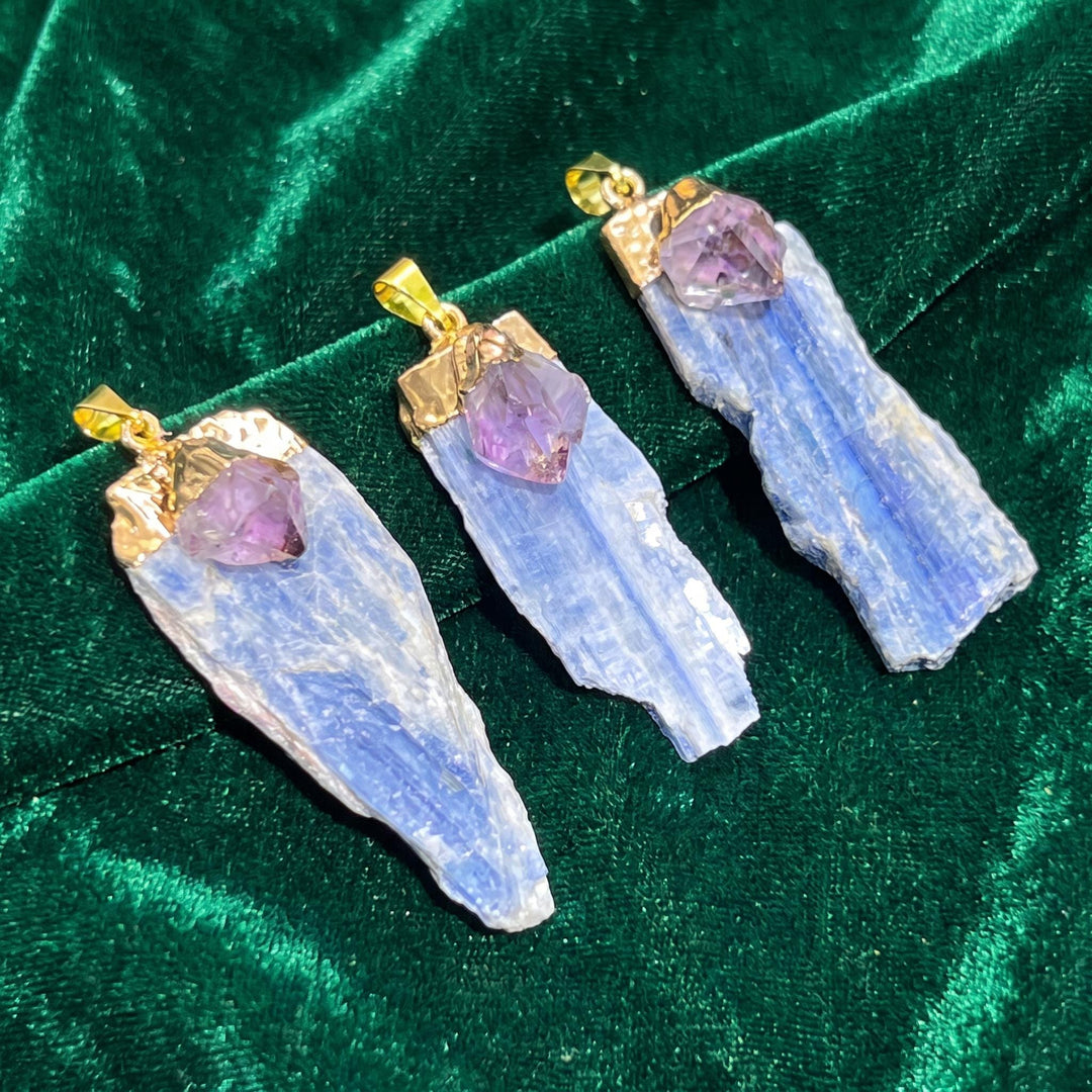 Kyanite And Amethyst Crystal Pendant (Gold Electroplated)