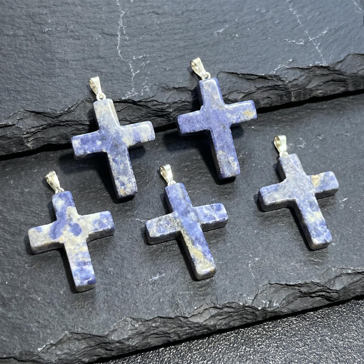 Blue Sodalite Crystal Cross Pendant (Silver Bail)