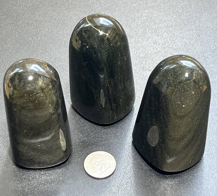 Gold and Silver Sheen Black Obsidian Freeform Standing Tower Carving