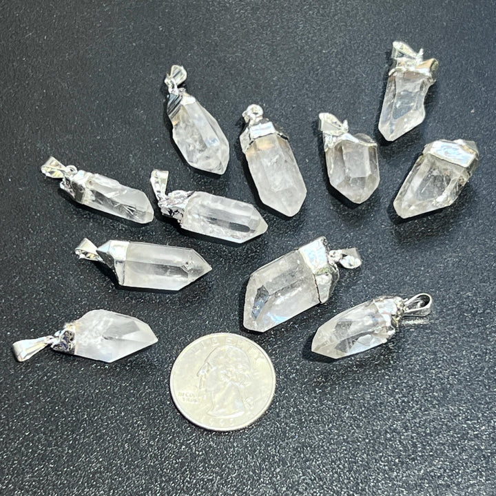 Brazilian Quartz Crystal Point Pendant Petite Electroplated Silver
