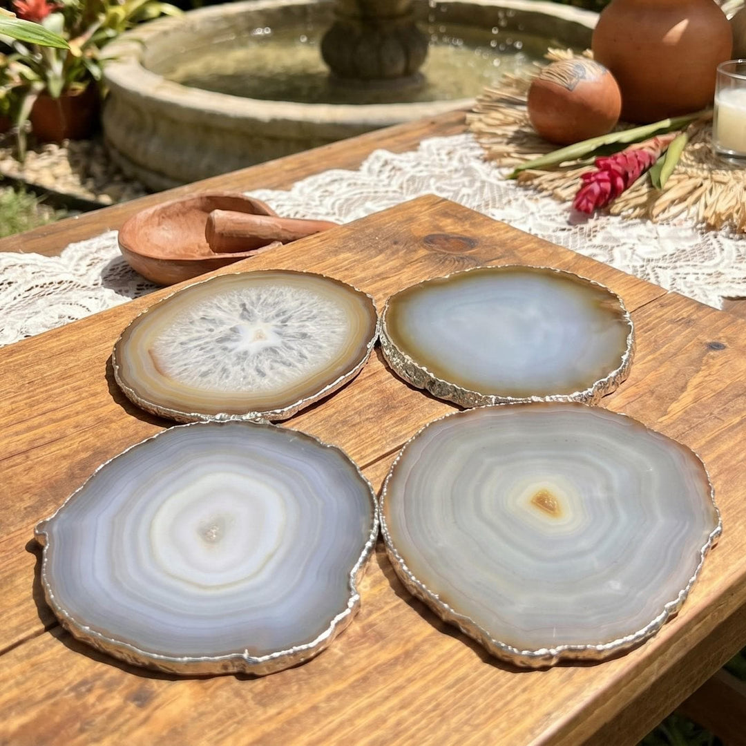 Natural Grey Brown Agate Slice Coasters Silver Edges
