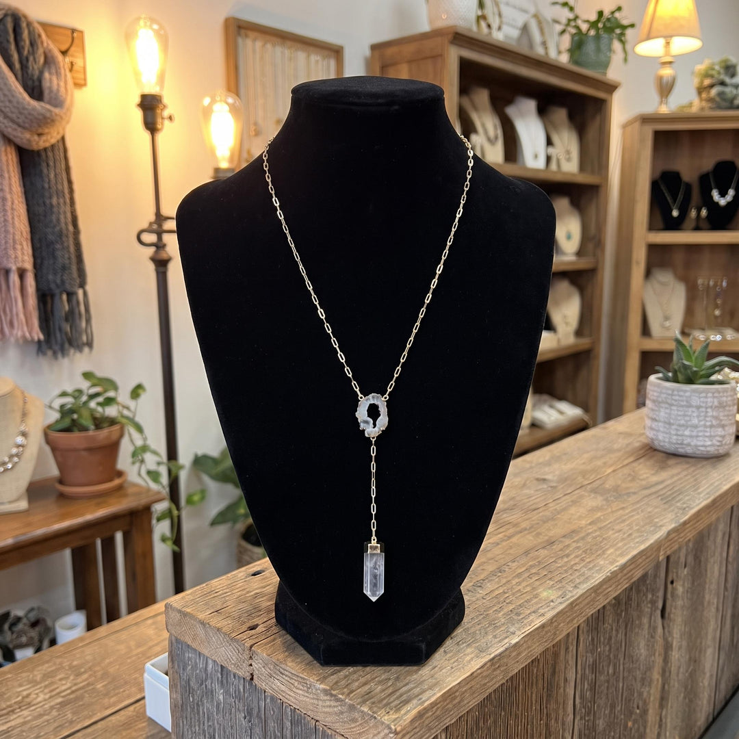 Quartz and Oco Geode Extra Long Lariat Y Drop Necklace Pendant (Gold Plated)
