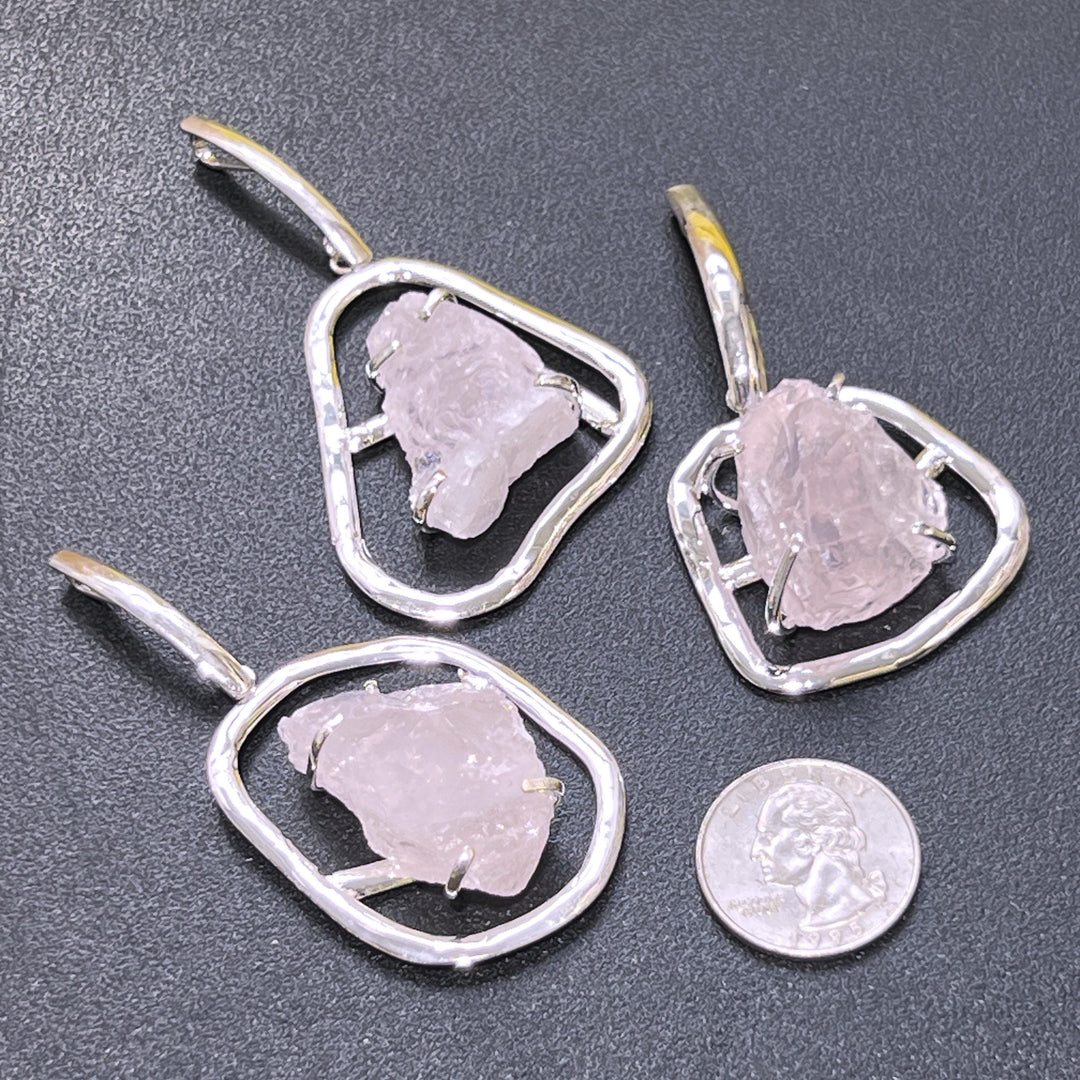 Large Rose Quartz Crystal Pendant (Silver Plated)