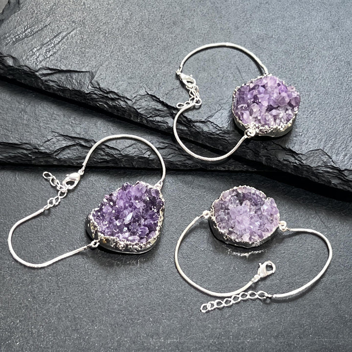Amethyst Bracelet Crystal Cluster Adjustable Clasp (7-8 inches)(Silver Plated)