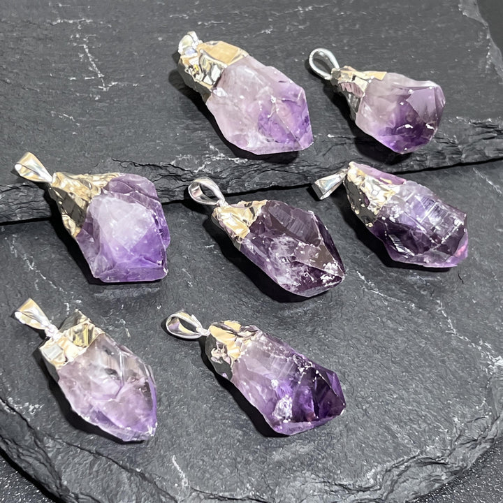 Large Raw Amethyst Crystal Point Pendant (Silver Electroplated)