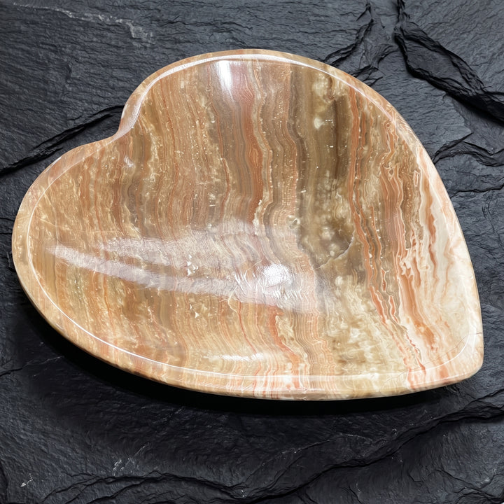 Brown Banded Calcite Heart Shaped Stone Bowl Carving (8 Inches)