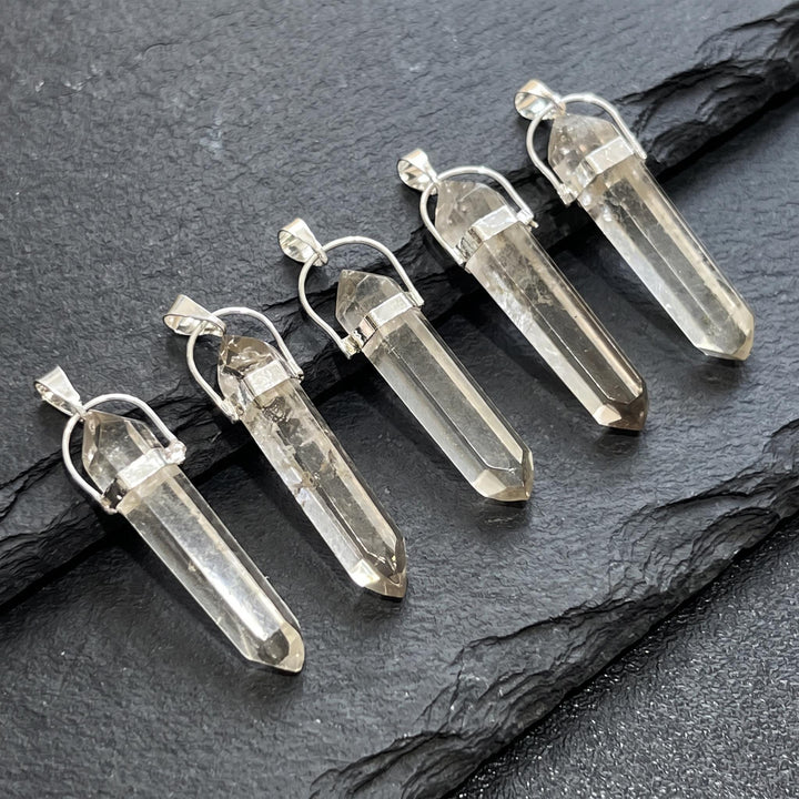 Smoky Quartz Crystal Faceted Point Pendant (Silver Plated)