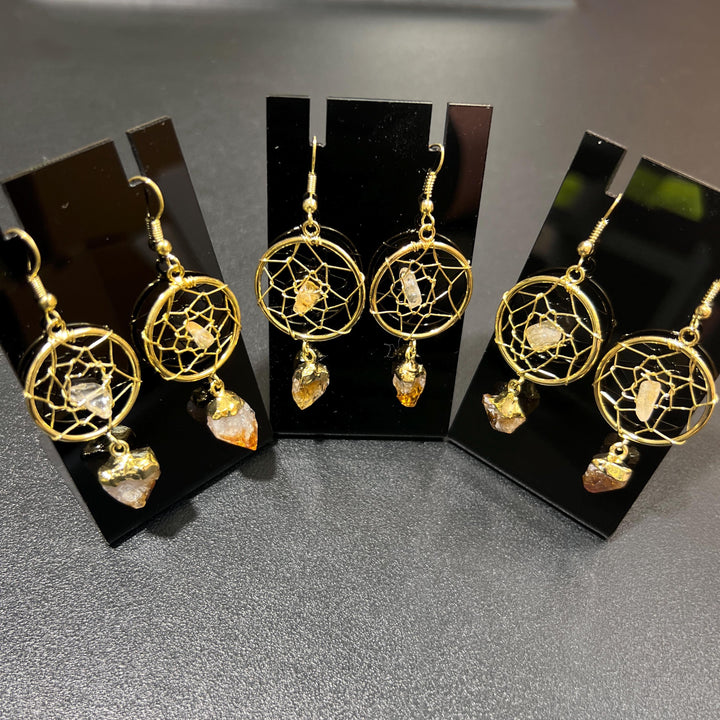 DreamCatcher Earrings Pair (Citrine Crystal)(Gold Plated)(Stainless Steel Hooks)