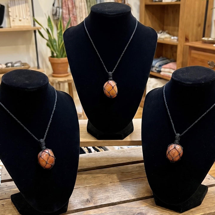 Red Carnelian Agate Crystal Pendant (Fish Net Wrap)