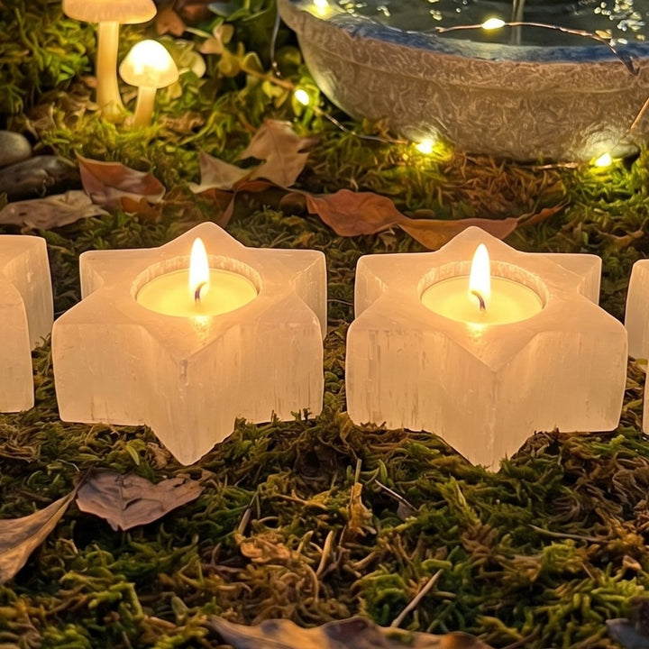 Selenite Satin Spar Crystal Star Tealight Candle Carving