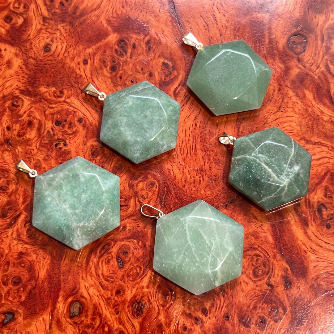 Green Aventurine Hexagon Faceted Crystal Pendant (Silver Bail)