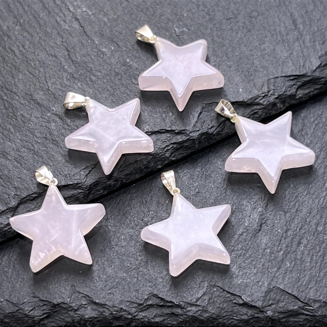 Pink Rose Quartz Crystal Star Pendant Silver Plated Bail