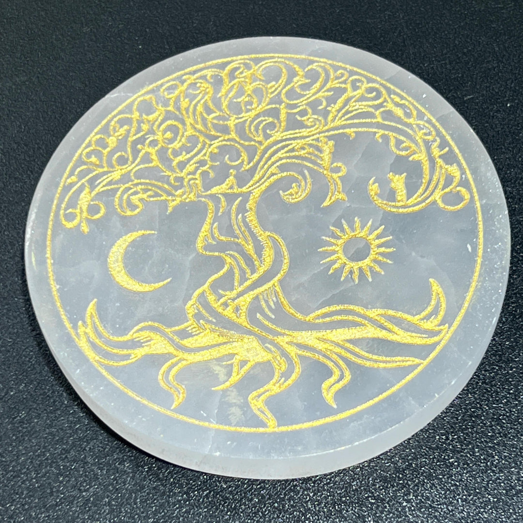 Selenite Satin Spar Crystal Gold Engraved Tree Of Life Round Circle Plate Carving
